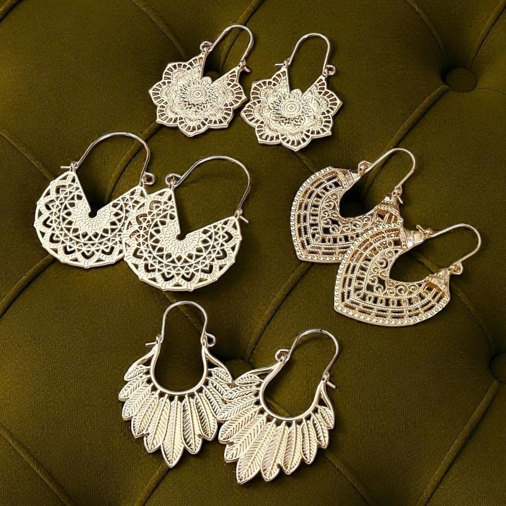 4 Pcs New Gold Native Boho Aztec Patina Earrings Hoop Tribal Ornate Rustic‎